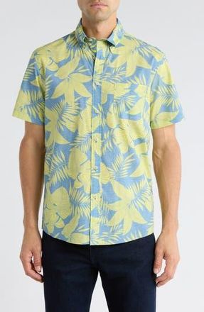 Brooks Brothers Regular Fit Leaf Print Short Sleeve Cotton Button-Down Shirt in Blue Yellow at Nordstrom Rack, Size Xx-Large