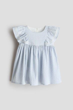 H&M Flounce-trimmed Cotton Dress in Light Blue/white Striped at Nordstrom, Size 18M