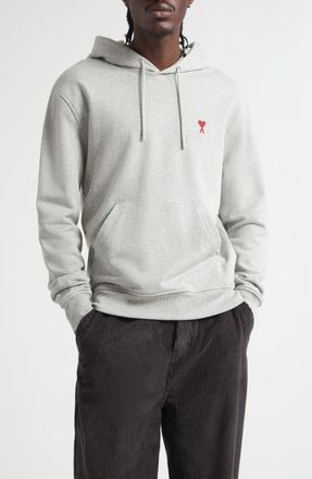 Ami Embroidered Ami De Coeur Cotton Hoodie in Heather Ash Grey at Nordstrom, Size Small