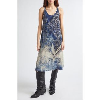 R13 Trompe lOeil Bleached Paisley Tank Dress in Blue Distressed Medallion at Nordstrom, Size X-Small