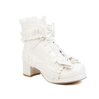 Generic Womens Lolita Ankle Boots with Lace-Up Design & Bow Detail - Chunky Heel for Cute Fashion and Comfortable,White,5.5 UK