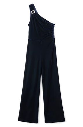 Mango One-Shoulder Velvet Jumpsuit in Navy at Nordstrom, Size X-Small