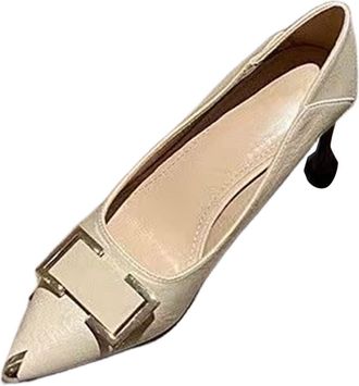 Generic Spring and Summer Pointed Toe French Fashion Thin Mid Heel Lightweight Fashion Shoes Formal Chunky Heels for Women (White, 3.5)