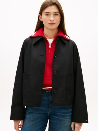 Tommy Hilfiger Kurzjacke TOMMY HILFIGER COTTON SHORT JACKET, Damen, Gr. L (42/44), schwarz, Web, Obermaterial: 100% Baumwolle, unifarben, gerade kurz, Jacken Kurzjac