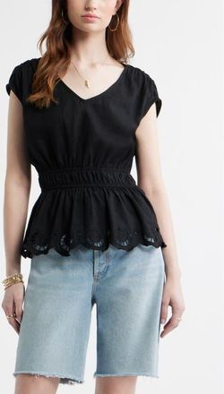 Treasure & Bond Eyelet Hem Peplum Top in Black at Nordstrom, Size Xx-Small