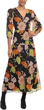 Donna Morgan Long Sleeve Floral Tiered Dress In Black Peach