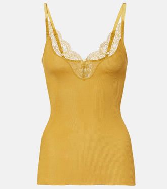 Saint Laurent Lace-trimmed ribbed-knit silk tank top