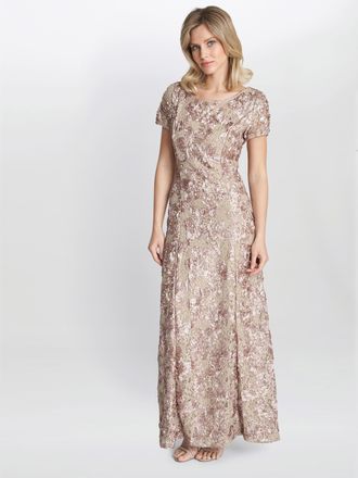 Gina Bacconi Womens Nancy Gown With Rosette Sequin Detail - Champagne - Size 14 UK