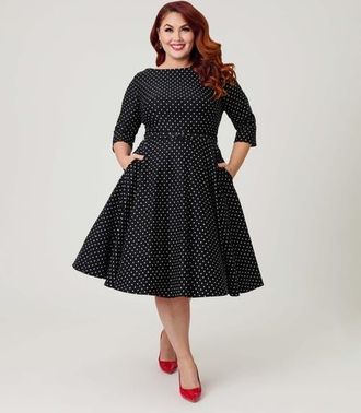 Unique Vintage Plus Size Devon Swing Dress in Black & White Polka Dot at Nordstrom, Size 4X