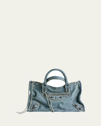 Balenciaga Le City Medium Washed Denim Shoulder Bag