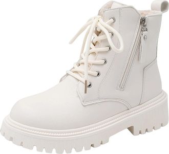 Generic Biker Boots for Women Chunky Heel Warm Winter Booties Stylish Fleece Lined Side Zipper Non-Slip Classic Comfy Lace Up Ankle Boots Work Holiday