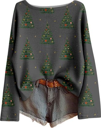 Generic Christmas Jumper for Women UK Novelty Xmas Tree Print Ladies Tops Long Sleeve Funny Print Jumper Boat Neck Xmas Holiday Casual Sweatshirt Boho Sweatsh