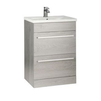 Clifton Silver Oak Bathroom 2 Drawer Standing Unit with Ceramic Basin 60cm Wide