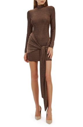 Bardot Seraphina Metallic Long Sleeve Tie Front Cocktail Minidress in Bronze at Nordstrom, Size 6