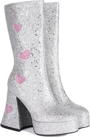 Generic Womens Glitter Sparkly Short Booties Chunky Block Heel Platform Round Toe Fashion Dress Combat Shoes with Zipper and Heart (Silver,7.5)