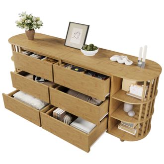 STILVORA Aparador Con 6 Cajones Y Estantes Abiertos De Bamb&uacute;, Dise&ntilde;o Romano, En Mdf Y Bamb&uacute;, 160&times;40&times;75 Cm, Roble