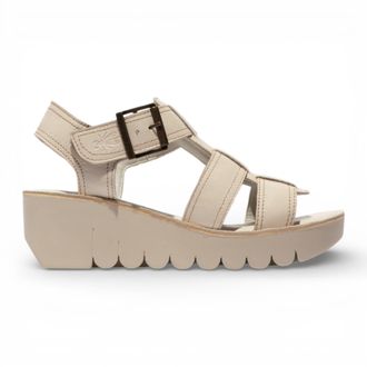 FLY London Fly London Womens YUDD236FLY Off White Leather Wedge Sandals