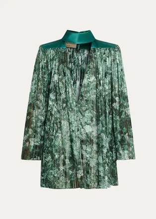 Valentino Garavani Metallic Silk Chiffon Plisse Long-Sleeve Blouse