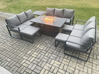 Fimous Aluminium Garden Furniture Outdoor Set Patio Lounge Sofa Gas Fire Pit Dining Table Set with 3 Footstools Side Table Dark Grey