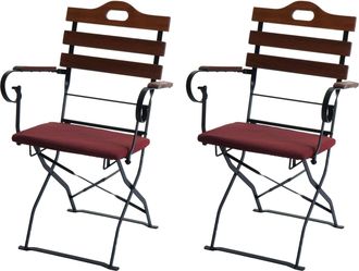 Hhg [nunca Usado] Juego De 2 Sillas De Jard&iacute;n Hhg-122, Silla Plegable, Silla De Jard&iacute;n, Calidad Gastron&oacute;mica, Acacia, Marr&oacute;n, Tapizado Rojo