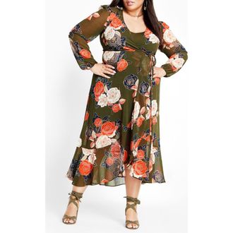 City Chic Kataleya Long Sleeve Chiffon Maxi Wrap Dress in Olive Floral at Nordstrom