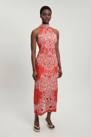 Karen Millen Womens Cotton Cutwork Woven Halter Midi Dress - Red - Size 18 UK