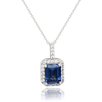 Suzy Levian Sterling Silver Emerald Cut Blue Sapphire Halo Pendant