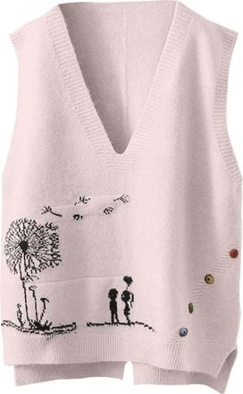 Generic Womens Sweater Vest Sleeveless V Neck Knitted Jumper Pullover Vest Casual Loose Printed Soft Tank Tops(Beige, M)