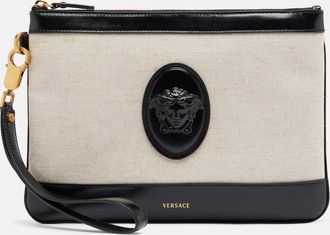 Versace Rivi&egrave;re leather-trimmed canvas pouch
