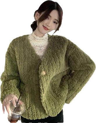 Generic Women Lamb Wool Jackets Thick Warm Button Outerwear Korean Loose Elegant V Neck Furry Short Coat EN8 XXL