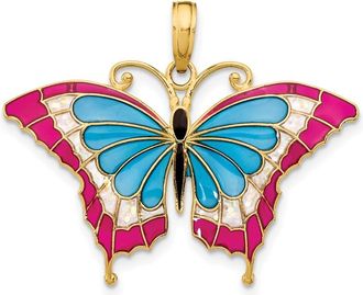 Diamond2Deal 14k Yellow Gold Blue and Red Enameled Butterfly Pendant