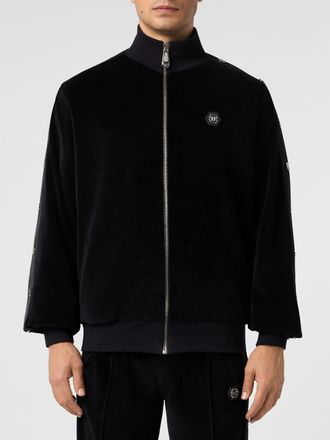 Philipp Plein Velvet Zip-Up Sweatshirt with High Neck and Hexagon Logo Patch