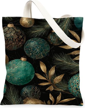 Generic Teal Ornaments Canvas Tote Bags, Holiday Floral Pattern Reusable Grocery Bags, Vintage Lightweight Washable Shoulder Strap, Teal, 13x15 Inch