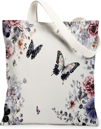 Generic Spring Plum Bossoms Flower Canvas Tote Bag for Shopping 13x15, Aesthetic Retro Butterflies Reusable Grocery Print Pattern Bag for Women, Vintage Beach