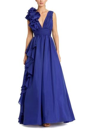 Mac Duggal Ruffle Shoulder V-Neck Chiffon Gown in Cobalt at Nordstrom, Size 12