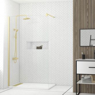 Aurlane Pack Mampara 120x200 + Plato Ducha Lineal En Acr&iacute;lico 80x120 + Columna Termost&aacute;tica - Oro Cepillado