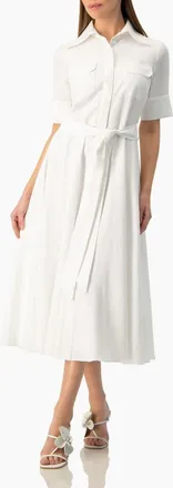 Ivonne Patch-Pocket Belted Button-Front Midi Shirt Dress in White at Nordstrom, Size 14