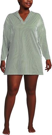 Lands End Plus Size SunShade UPF 50 Hooded Mini Swim Swim Cover-Up Dress in Fusion Green Mini Stripe at Nordstrom, Size 3X