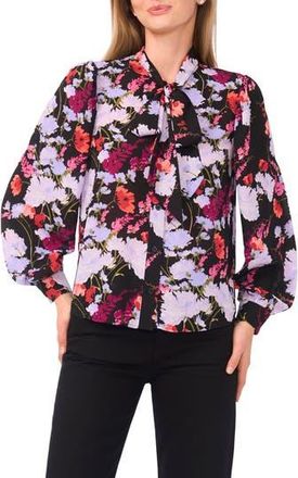 Ted Baker Floral Tie Neck Long Sleeve Button-Up Top in Rich Black at Nordstrom Rack, Size X-Large