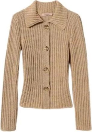 Twinset Gebreid jasje met uitlopende kraag - Dames - Vesten - Beige - L - Katoen - Truien & Vesten