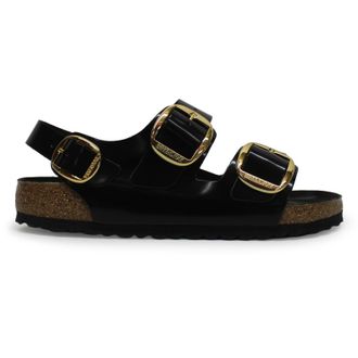 Birkenstock Milano Big Buckle Natural Leather Unisex Comfort Sandals - High Shine Black - Size:UK 7.5