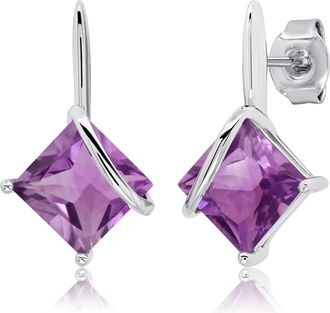 MAX + STONE 925 Sterling Silver 7mm Princess Cut Gemstone Square Drop Dangle Earrings