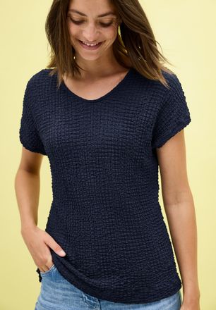 Cecil T-Shirt CECIL, Damen, Gr. XS (36), blau (urban navy), Web, Obermaterial: 97% Polyester, 3% Elasthan, unifarben, h&uuml;ftbedeckend, V-Ausschnitt, Shirts T-