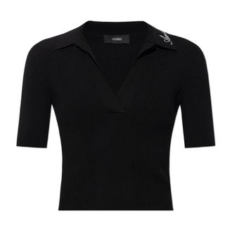 Amiri Polo Shirts, female, Black, Size: XS Script Rib Knit SS Polo
