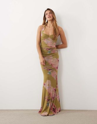 Asos vestito lungo in mesh con stampa floreale, scollo a cuore e fondo a sirena giallo floreale-Multicolore