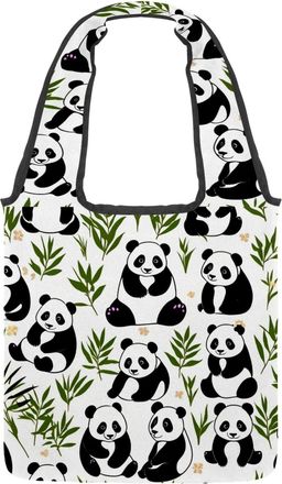 Generic Cute Panda Pattern Reversible Canvas Shoulder Tote - Double-Sided Print, 12oz Cotton, 27cm Drop, Fold-Flat Bag for Travel, Shopping, Street Outings
