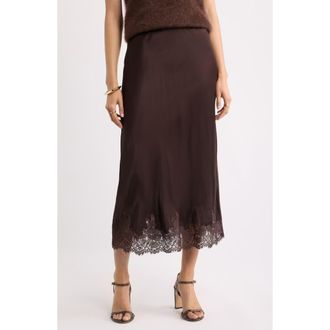 Nordstrom Lace Trim Satin Bias Midi Skirt in Brown Mole at Nordstrom, Size Xx-Large