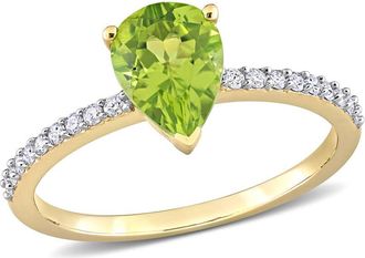 Amour 1 1/7 CT TGW Pear Shape Peridot and 1/7 CT TDW Diamond Ring In 14K Yellow Gold