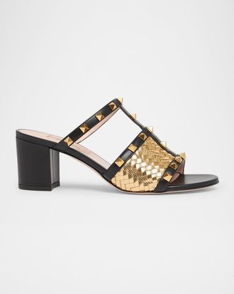 Valentino Garavani 60mm Rockstud Intreccio Metallic Nappa Leather Slide Sandals