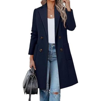 Generic Womens Wool Coat Women Winter Wool Blend Camel Mid-Long Coat Notch Double-Breasted Lapel Jacket Outwear